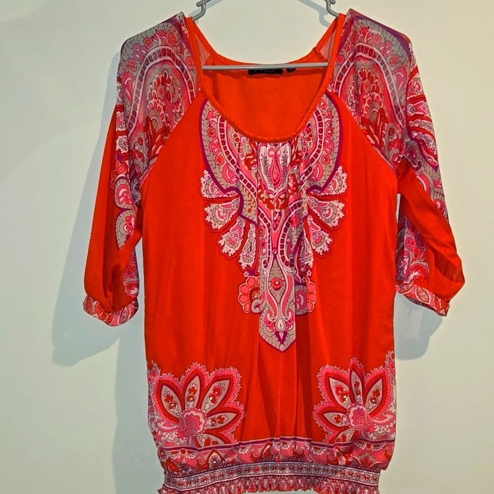 FYLO orange red pink white cold shoulder top. Size small. Sheer sleeves.